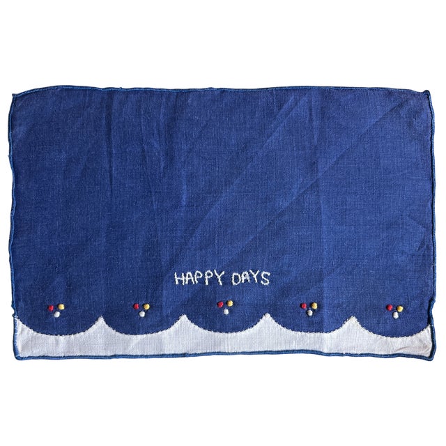 Shabby Chic Set of 7 Vintage 1960s Hand-Embroidered "Happy Days" Linen Cocktail Napkins Äì Scallop Edge Detail For Sale - Image 3 of 6