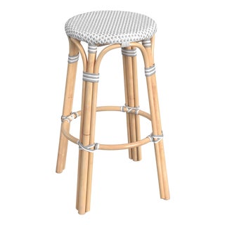 Tobias 30 in. Seat Height Round Rattan Backless Bar Stool, White/Gray Dot / Natural Rattan Frame For Sale