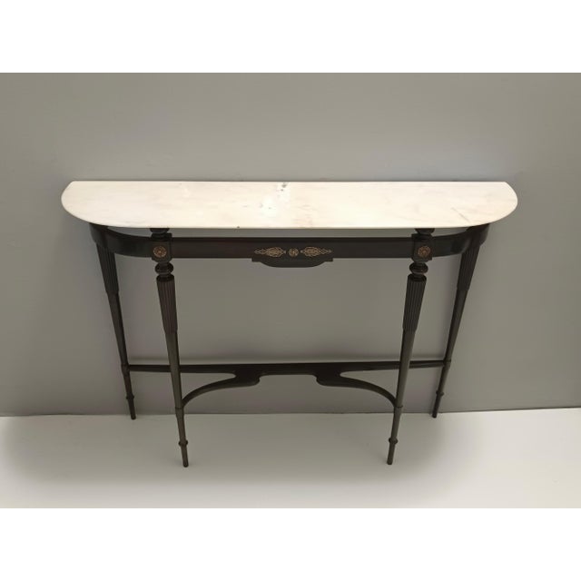 Wood Portuguese Demi Lune Console Table in Ebonized Beech with Pink Marble Top, Italy, 1960s For Sale - Image 7 of 15