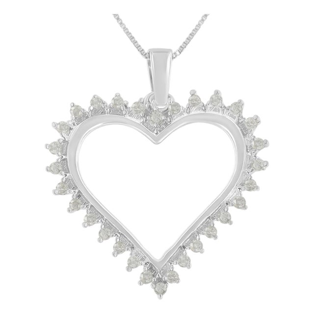 .925 Sterling Silver 1/4 cttw 3-Prong Diamond Open Heart 18" Pendant Necklace For Sale