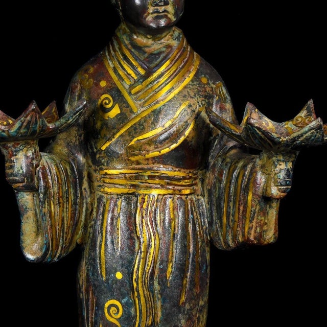 Late 20th Century Pair of Chinese Gilt Bronze Figural Lamp Holders - 13" Tall For Sale - Image 5 of 9