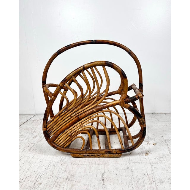 Vintage Leaf Shaped Rattan Magazine Holder Basket For Sale - Image 4 of 7