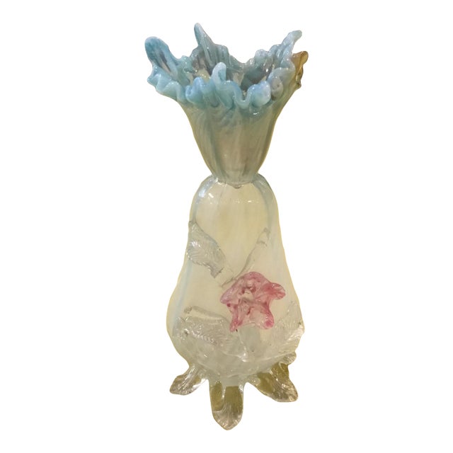 1940s Murano Glass Vase With Pedestal Bottom Legs and Glass Flower and Leafs. For Sale