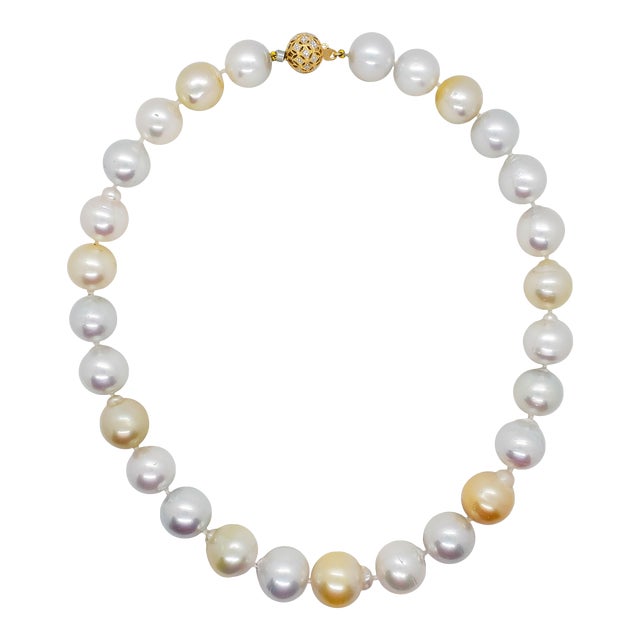 Estate White and Yellow South Sea Pearl Necklace with Diamond Clasp For Sale