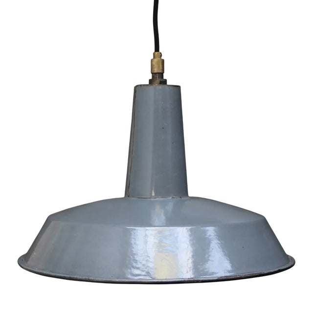 Vintage French Industrial Grey Enamel Factory Pendant For Sale