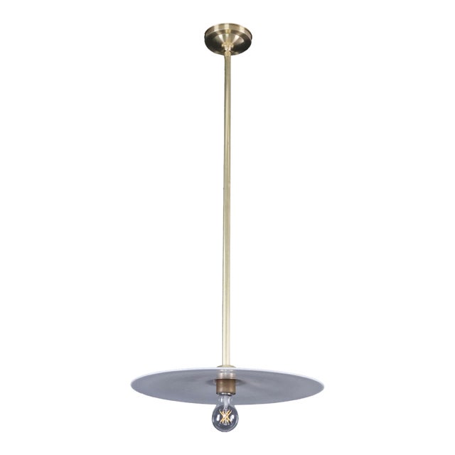 Mid 20th Century Industrial Flat Disc Milk Glass Brass Pole Pendant Light For Sale