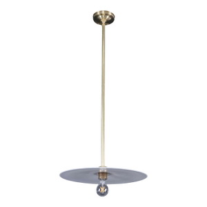 Mid 20th Century Industrial Flat Disc Milk Glass Brass Pole Pendant Light