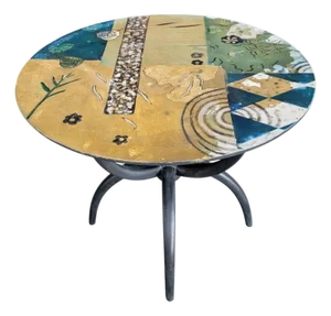 Circular Side, Game or Dining Table With Abstract & Mosaic Tile Decoration