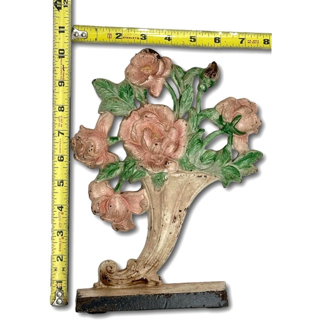 Hard 2 Find Vintage 1930s Hubley Manufacturing Co. #441 Pink Roses in Slanted Vase Cast Iron Flower Doorstop For Sale - Image 12 of 12