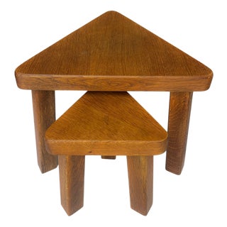 Brutalist Oak Triangle Nesting Tables in style of Pierre Chapo, 1970s, Set of 2 For Sale