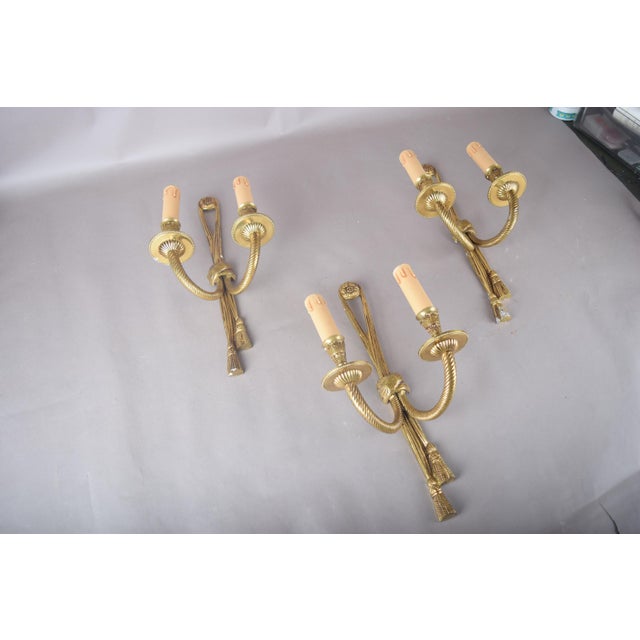 Brass Double-Arm Wall Sconces with Rope and Tassel Motif, 1950s, Set of 3 For Sale - Image 9 of 10