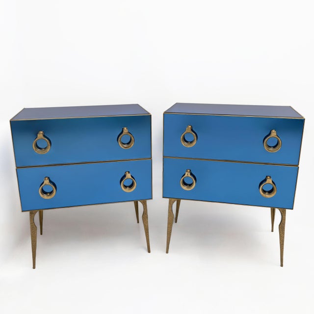 Blue Mid-Century Style Blue Mirrored Chests of Drawers with Brass Details, 2000, Set of 2 For Sale - Image 8 of 8