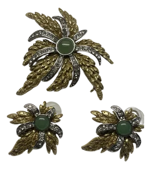 1920s Gold/Jade Pin & Earring Set, 3 Pieces