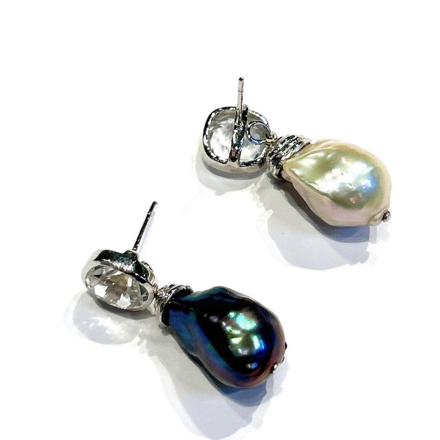 Bochic “Orient” Topaz & White South Pearls Earrings set 18K White Gold & Silver, 2 pieces For Sale - Image 9 of 11