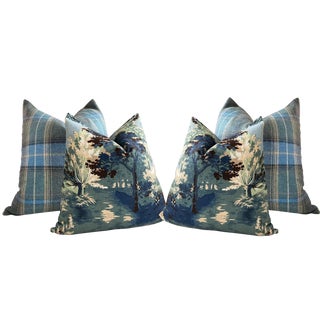 Designer Pillow Bundle in Lee Jofa Mulberry "Shetland Wool” and Thibaut "Lincoln Toile" - Set of 4 For Sale