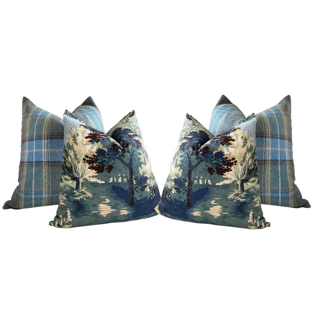 Designer Pillow Bundle in Lee Jofa Mulberry "Shetland Wool” and Thibaut "Lincoln Toile" - Set of 4 For Sale