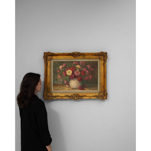 Traditional 20th Century Belgian Still Life Bouquet Painting in Wooden Frame For Sale - Image 3 of 18