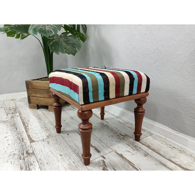 Wood Kilim Upholstered Pouffe Footstool For Sale - Image 7 of 9