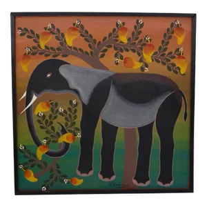 African Tingatinga School Painting on Board of an Elephant & Mangos