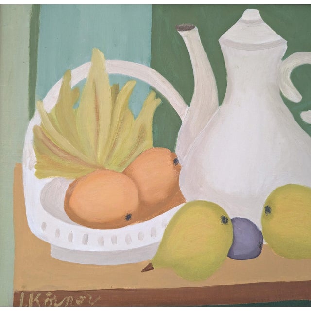 Paint Mid-Century Modern 'Teapot and Fruits' Vintage Original Still Life Oil Painting, Framed For Sale - Image 7 of 11