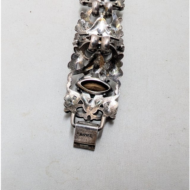 Metal Vintage Signed Napier Book Piece Silvertone & Faux-Aquamarine Link Bracelet For Sale - Image 7 of 9