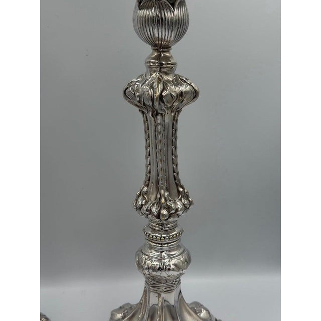 Metal Pair of Baroque Revival Sterling Silver Candlesticks With Figural Tripod Bases For Sale - Image 7 of 15