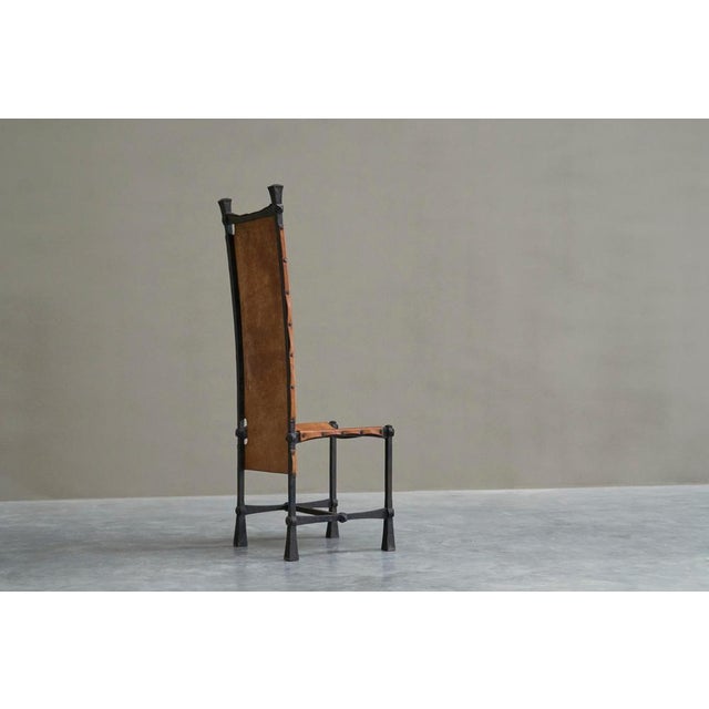 Unique Brutalist High Back Accent Chair in Wrought Iron and Patinated Cognac Leather 1960s A unique 1960s brutalist high...