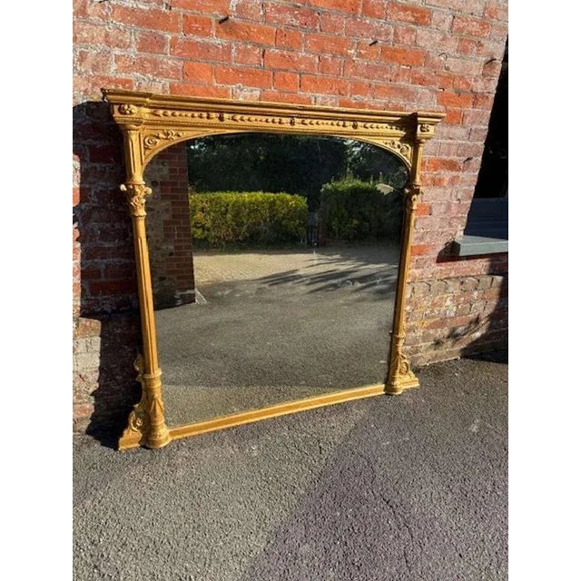 Glass Large Antique English Carved Wood and Gesso Gilt Column Framed Mirror, 19th Century For Sale - Image 7 of 8