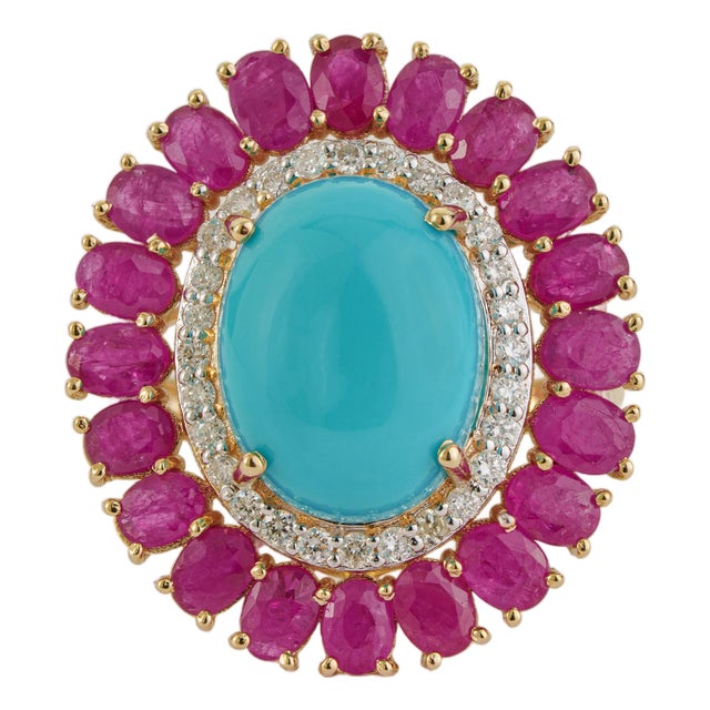 14k Yellow Gold 9.35ct Cabochon Turquoise Ruby & Diamond Halo Cocktail Ring Size 5 For Sale