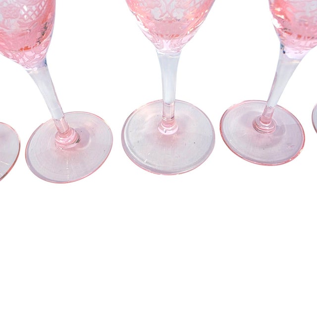 Glass 1929 Cambridge Glass Pink Etched Cordial Glasses, Etch 740, Set of 5 For Sale - Image 7 of 13