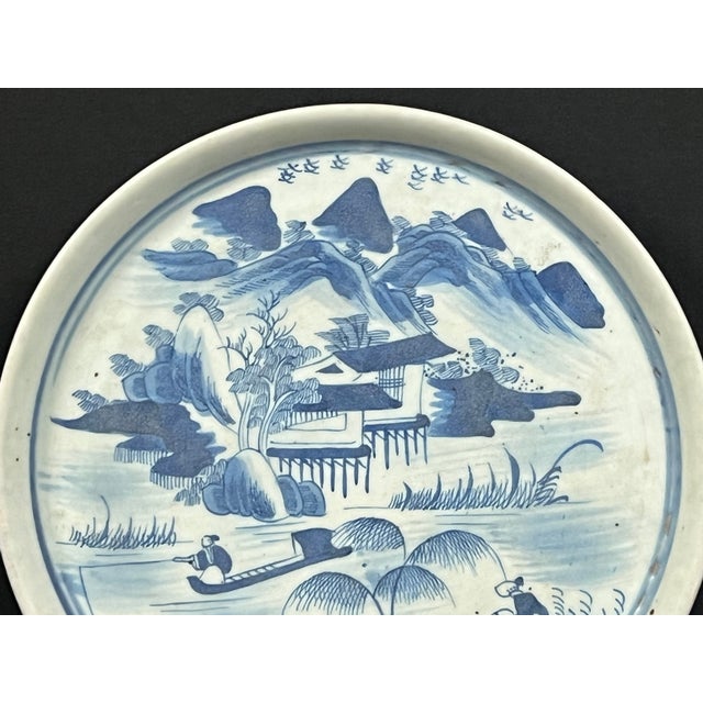 Chinese Latre 20th Century Chinese Art Porcelain Blue and White Plate Mountain Scenery Design For Sale - Image 3 of 11