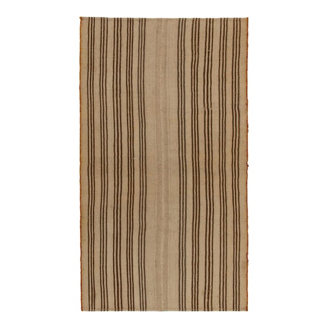 Vintage Kilim Rug With Beige-Brown Stripe Patterns, Panel-Woven Style For Sale