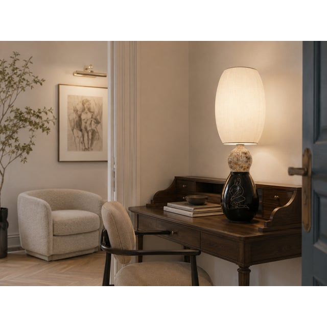 Large Sculptural Ceramic Table Lamp Base by Atelier Cérenne, Decor by Jacquet (50 cm / 19.7 in), Sgraffito “Kneeling Nude”...