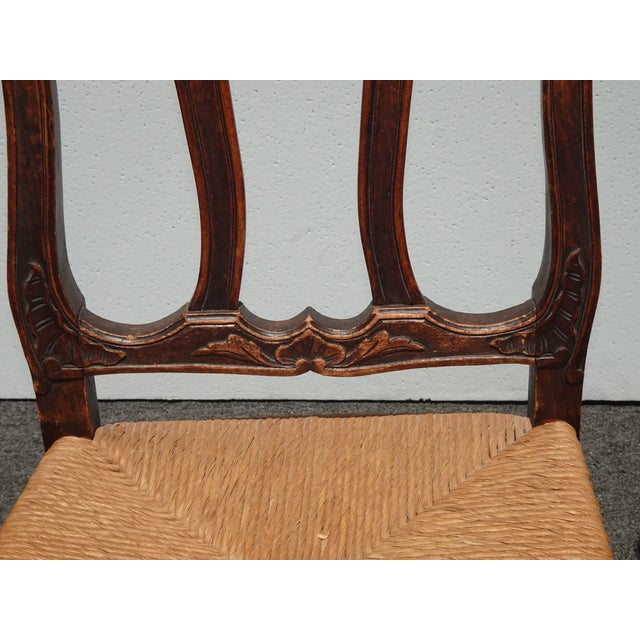 Pair of Antique French Provincial Style Ornate Carved Rush Seat Side Chairs For Sale - Image 13 of 17