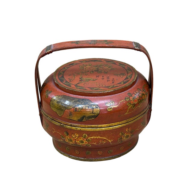 Vintage Oriental Brick Red Golden Graphic Stack Wedding Basket Display For Sale - Image 13 of 18