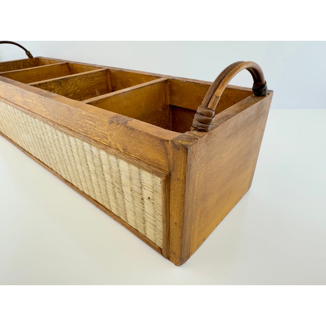 Vintage Indonesian Wood and Woven Rattan Four-Compartment Storage Caddy For Sale - Image 9 of 15