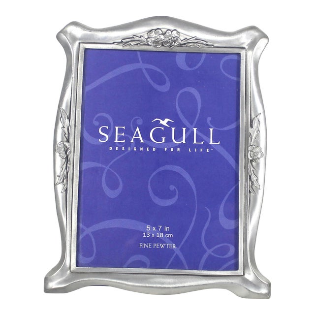 Vintage Pewter Picture Frame 5 X 7 Large Seagull Flowers Easel For Sale