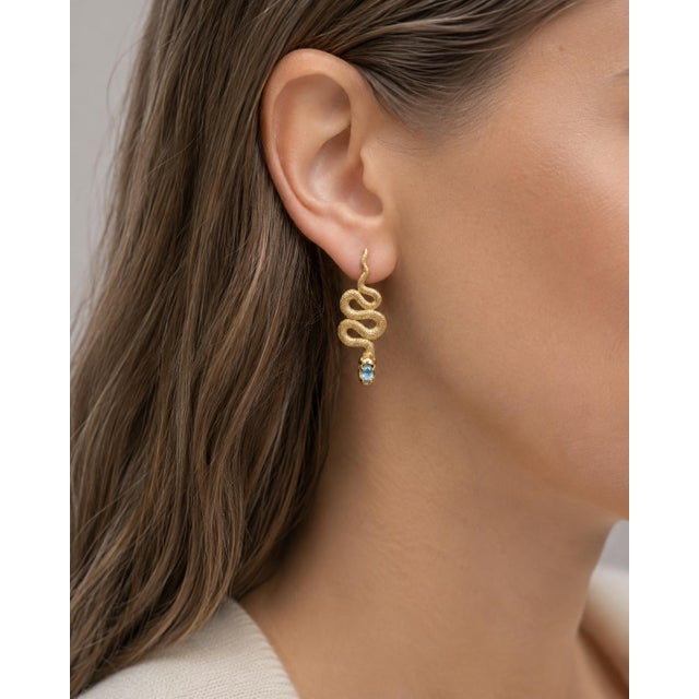 Massive Snake Earrings With Blue Topazes in Opened Mouth, Pair For Sale - Image 10 of 10