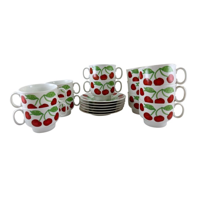 1970s Richard Ginori Cherries Pattern - 6 Cream Soup Bowls, 6 Teacups, 12 Saucers - 24 PCS For Sale