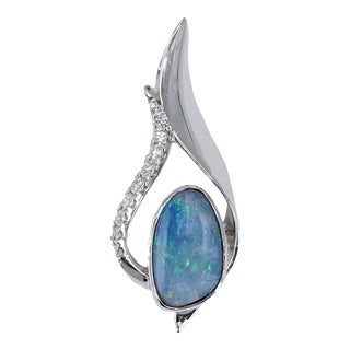 Boulder Opal Pendant W Earth Mined Diamonds in Solid 14k White Gold For Sale