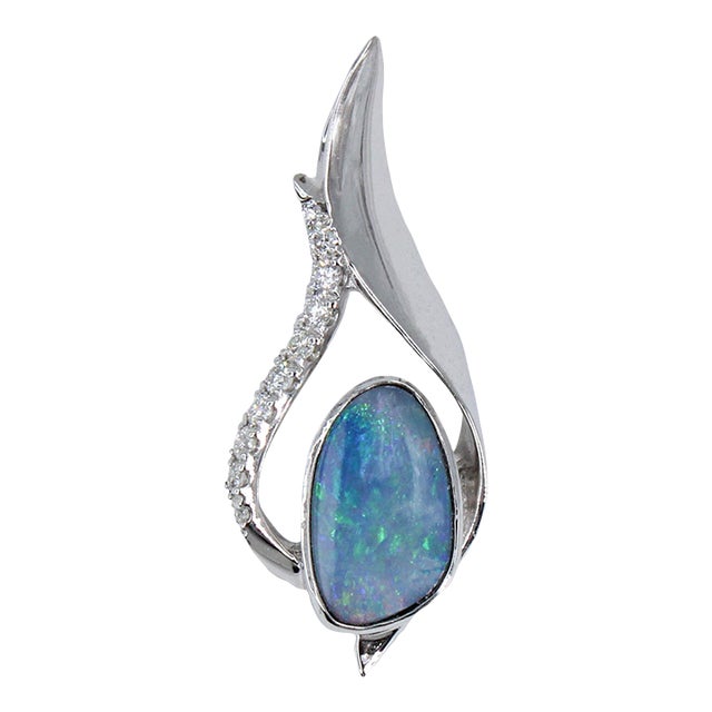 Boulder Opal Pendant W Earth Mined Diamonds in Solid 14k White Gold For Sale