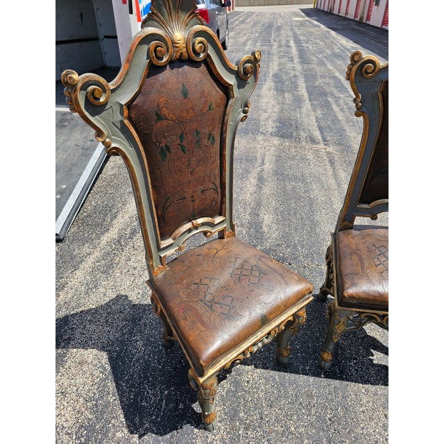 Set of Late 20th Century 3 Italian Baroque Revival Hand-Painted & Tooled Leather Side Chairs For Sale - Image 4 of 7