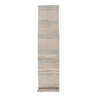 Subtle Horizontal Stripe Design Turkish Vintage Kilim Runner in Soft Pastels For Sale