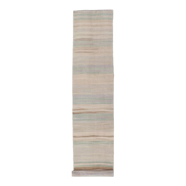 Subtle Horizontal Stripe Design Turkish Vintage Kilim Runner in Soft Pastels For Sale