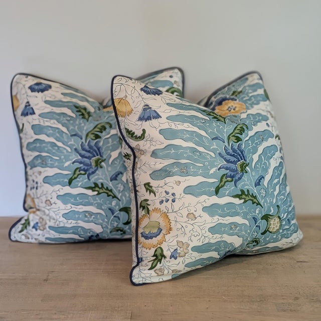 Textile Brunschwig & Fils Riviere Aqua Pillows With Blue Cord- Double Sided Pair For Sale - Image 7 of 7