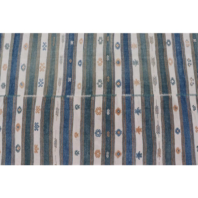 Textile Vintage Turkish Cotton Kilim Rug With Teal, Blue, Cream, and Beige Stripes 4'6"x16'4" For Sale - Image 7 of 10