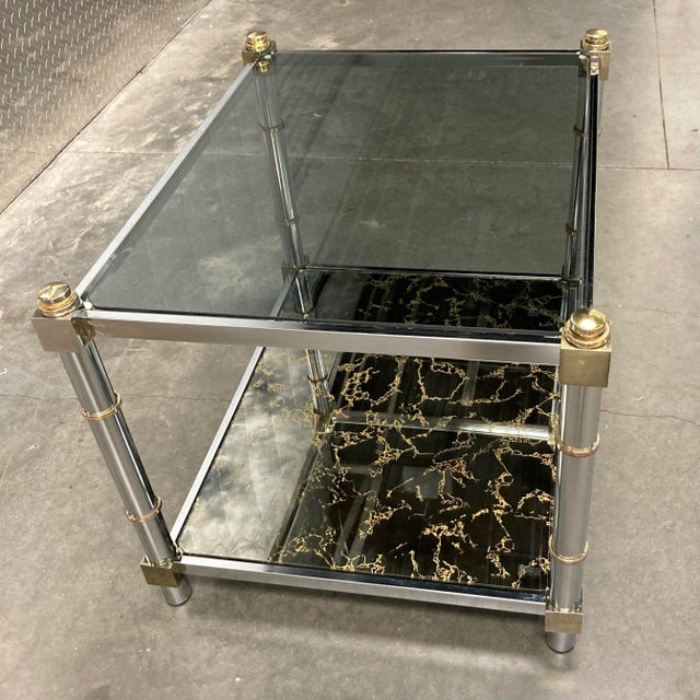 Chrome 1980s Mid-Century Modern Chrome & Brass Tiered Glass End Table For Sale - Image 8 of 13