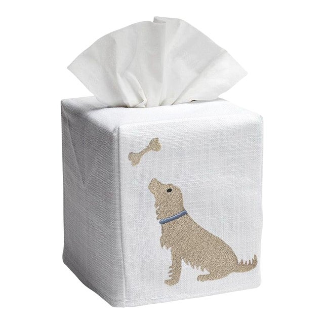 Yellow Dog & Bone Tissue Box Cover in White Linen & Cotton, Embroidered For Sale