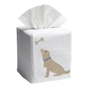 Yellow Dog & Bone Tissue Box Cover in White Linen & Cotton, Embroidered