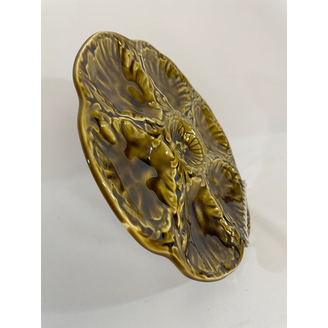1950s French Gien Majolica Olive Green Oyster Plate For Sale - Image 9 of 13